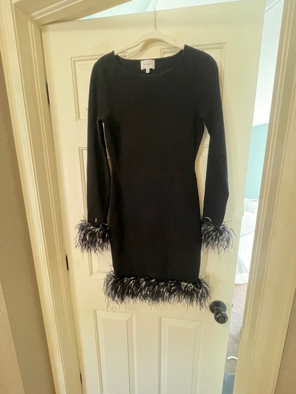 Milly Black Ribbed Knit Dress with Feather Cuffs and Hem